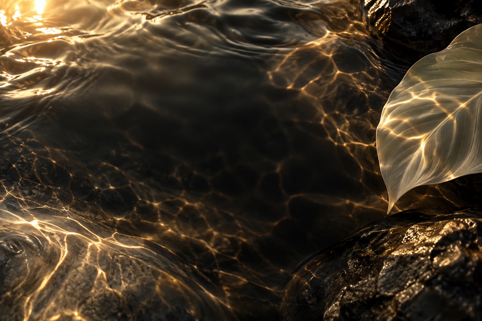 Illustrative golden water and a translucent botanical leaf